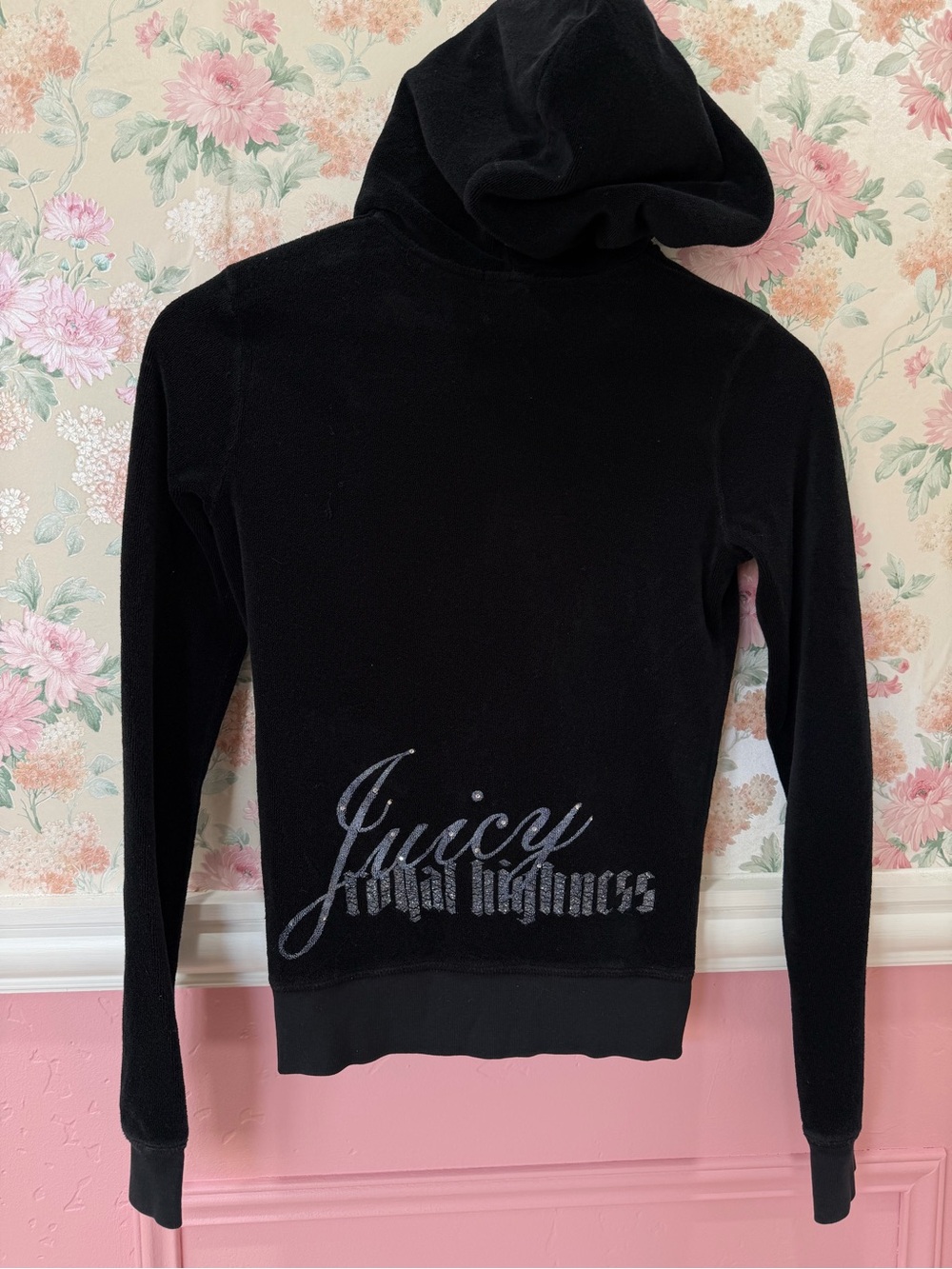 Y2K Juicy Couture Black Velour Hooded Jacket - Juicy Charm